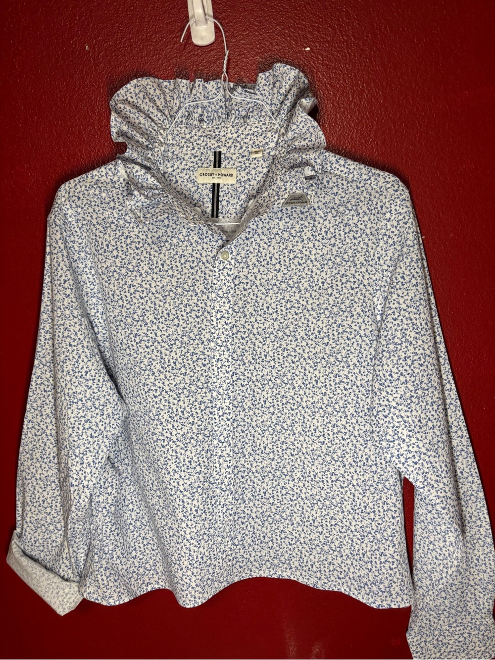 Upcycled/Reloved White shirt/Blue Floral Ruffle Collar
